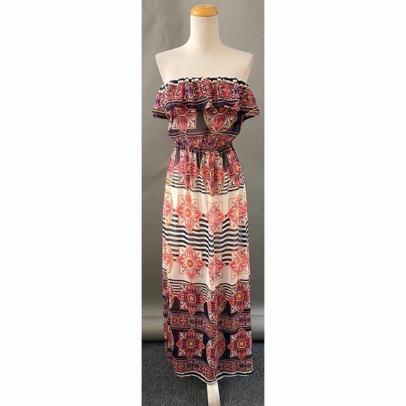 STRAPLESS Flowy Print Dress - Picture 1 of 4